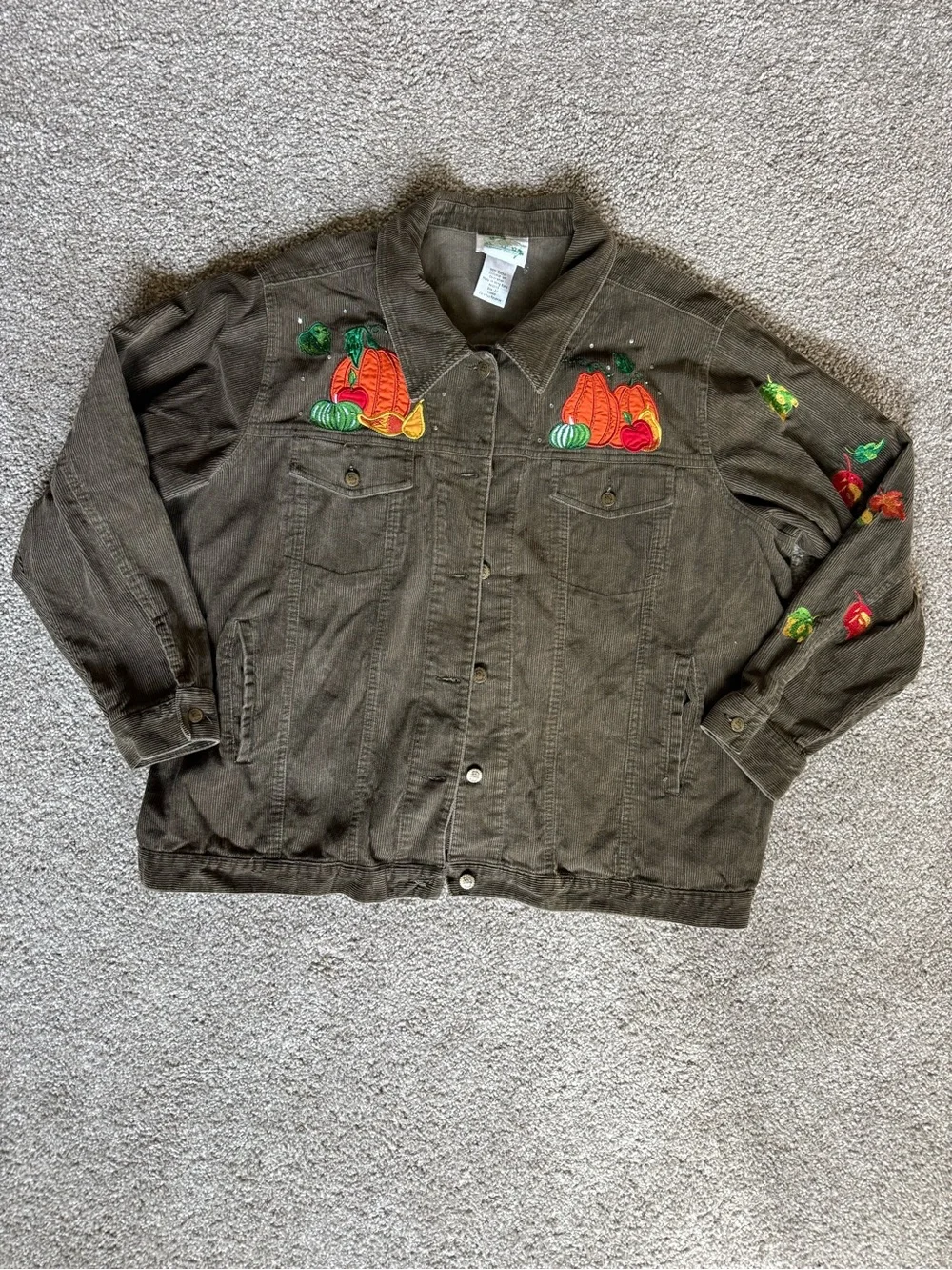 Vtg Quacker Factory Brown Corduroy Embroidered Thanksgiving Cornucopia Jacket 2X